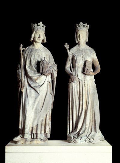 Art France: تماثيل لملك فرنسا شارل الخامس المعروف باسم شارل الحكيم (1338-1380) وملكة فرنسا جان دي بوربون (1337-1378). النحت من الحجر الجيري من القرن الرابع عشر. ربما من واجهة المدخل الشرقي لمتحف اللوفر (ديكور بواسطة المدرسة الفرنسية