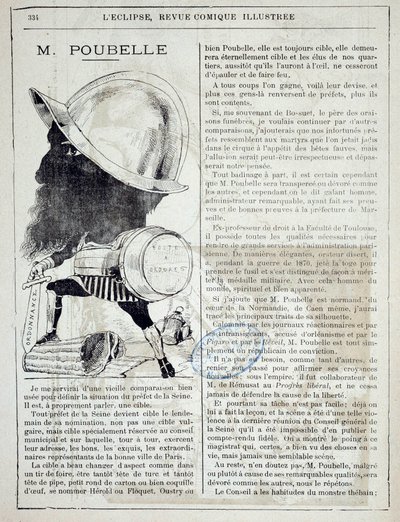 مقال وكارتون عن يوجين بوبيل (1831-1907) ، مقدمة لنهر السين ومخترع علب القمامة عام 1884. 10/4/1885. باريس ، مديرية الشرطة بواسطة المدرسة الفرنسية