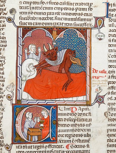 Arundel 484 f.245 شيطان أو شيطان على سرير شخص ميت ، رسم توضيحي من Digestum Vetus مع gloss ordinaria ، بواسطة جستنيان ، 1300-10 (ورق) بواسطة المدرسة الفرنسية