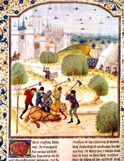اغتيال فارس إنجليزي خارج باريس عام 1437 (حرب 100 عام) إضاءة من سجلات إنجلترا كتبها جان دي وافرين بواسطة المدرسة الفرنسية