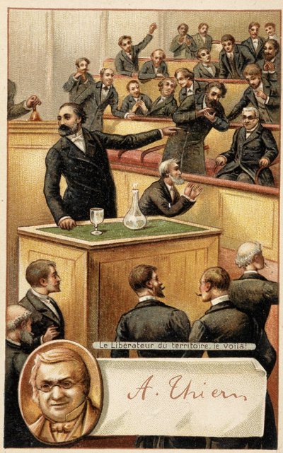 Assembly cheering Thiers, “” liberator of the territory”” and portrait in medallion - chromo., late 19th century. بواسطة المدرسة الفرنسية