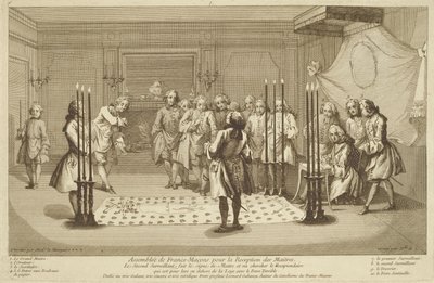تجميع الماسونيين قبل بدء الماجستير ، من احتفالات الدين والعرف c.1733 بواسطة المدرسة الفرنسية
