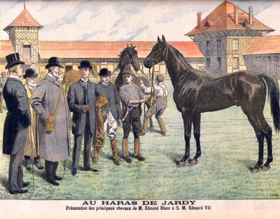 في مزرعة الخيول Jardy خارج باريس (Marnes-la-Coquette). المربي إدموند بلان يعرض أفضل خيوله للملك إدوارد السابع. مربط جاردي. تقديم الخيول الرئيسية للسيد إدموند بلان إلى صاحب الجلالة إدوارد السابع (1841-1910). رسم توضيحي لمجلة Le petit Journal بواسطة المدرسة الفرنسية
