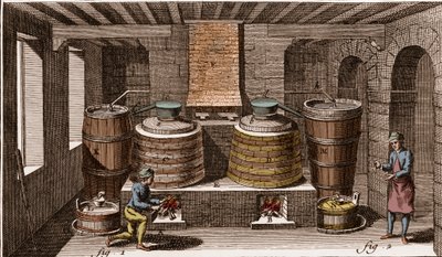 ورشة عمل لتقطير البراندي - معمل تقطير البراندي - "" موسوعة La Grande ، أو Dictionnaire Raisonne des Sciences، des Arts et des Metiers "(موسوعة أو قاموس العلوم والفنون والمهن) بقلم دينيس ديدرو (1713 - 1784) وجان بواسطة المدرسة الفرنسية