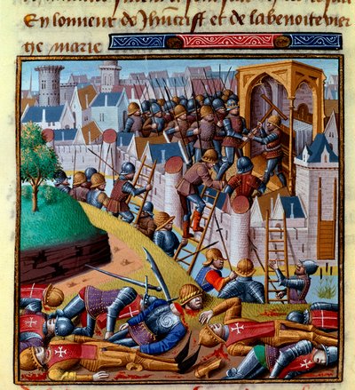 هجوم على بلدة محصنة منمنمة في كتاب "Le miroir historial" (Speculum Historiale) لفنسنت دي بوفيه (1190-1264) ترجمها إلى الفرنسية جان دي فيجناي بواسطة المدرسة الفرنسية