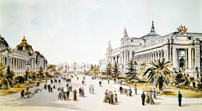 شارع نيكولاس الثاني يظهر القصر الكبير وقصر بيتيت أثناء معرض يونيفرسيل في باريس ، رسم توضيحي من "L'Univers Illustré" بواسطة المدرسة الفرنسية