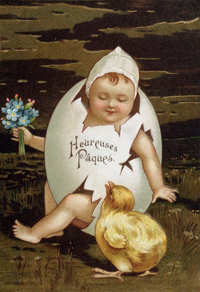 Baby in an egg next to a chick - greeting postcard for Easter بواسطة المدرسة الفرنسية