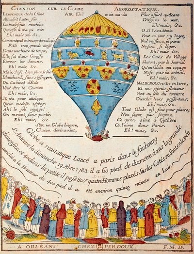 تحليق المنطاد: تجربة الأخوين مونتغولفييه في 19 أكتوبر 1783 في حديقة السيد ريفيليون، فوبورج سان أنطوان في باريس. نقش إيبوك. باريس، ب. ن. بواسطة المدرسة الفرنسية