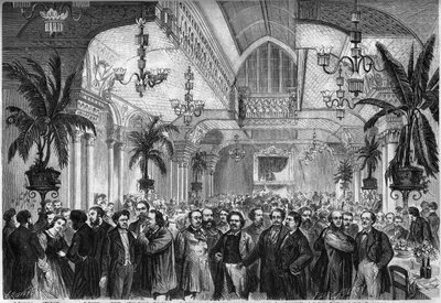 مأدبة جريدة "Le Figaro" ، أقيمت في 6 فبراير 1864 في غرفة المعيشة بمطعم du Passage des Princes في باريس ، حضرها صحفيون وكتاب وفنانون ... حاضرون ، من اليسار إلى اليمين: نيستور روكيبلان ، السيدة أوغالدي ، من مونتو ، بيتر بواسطة المدرسة الفرنسية