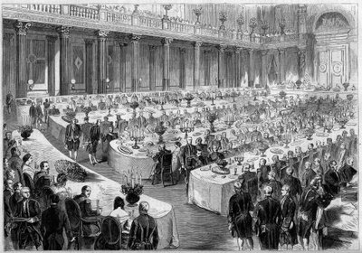 Banquet organized on 14 August 1859 by Napoleon III in the State Hall of the Denon Pavilion in the Louvre (Paris) in honour of the soldiers of the Italian army after their victory at the Risorgimento in 1859. Engraving in “” Le Monde Illustré”” n°124 of 27 بواسطة المدرسة الفرنسية