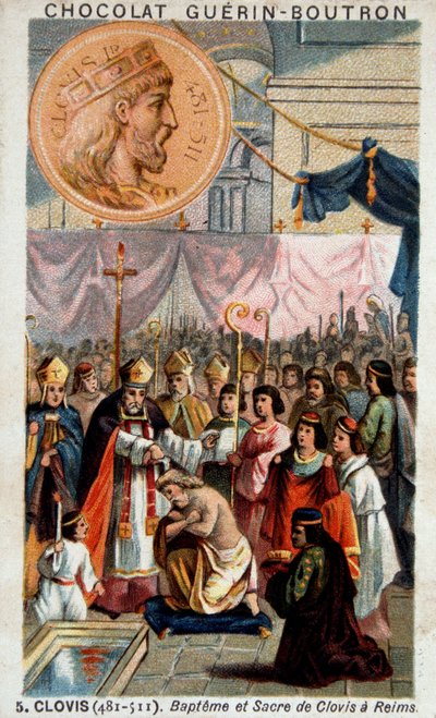Bapteme and sacre of Clovis in the Cathedrale of Reims, December 25, 496, by Saint Remi, eveque of Reims. بواسطة المدرسة الفرنسية
