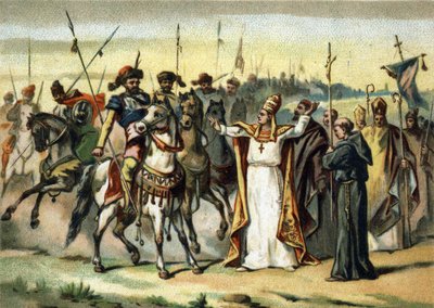 الغزوات البربرية - أتيلا وسانت ليون الأول (440-461): يلتقي البربري أتيلا ، زعيم شعب الهون ، بالبابا القديس ليون العظيم الذي تمكن من إقناعه بتجنب إيطاليا. الطباعة الحجرية الملونة في أواخر القرن التاسع عشر بواسطة المدرسة الفرنسية