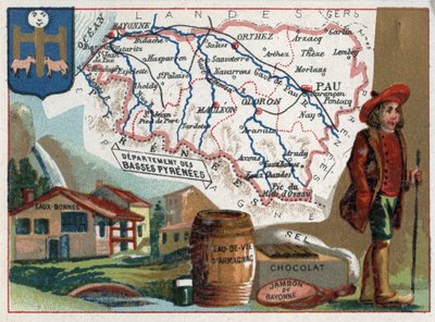 قواعد Pyrenees ، الآن Pyrenees-Atlantiques (Pyrenees Atlantiques ، 64) ، آكيتاين ، فرنسا. الحمامات الحرارية لـ eau-bonnes (مياه جيدة) و eau de vie d'Armagnac والشوكولاتة والملح ولحم الخنزير. سلسلة عن الأقسام الفرنسية. الطباعة الحجرية الملونة (Chromo) & بواسطة المدرسة الفرنسية