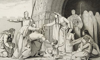 باثيلدا يعطي المال للفقراء ، من "تاريخ فرنسا" من قبل كولارت ، نُشر عام 1840 بواسطة المدرسة الفرنسية