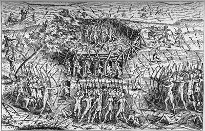 معركة بين جيش صموئيل دي شامبلان الفرنسي (حوالي 1567-1635) والإيروكوا. كندا ، أوائل القرن السابع عشر. نقش في "La Marine et les Colonies: Commerce" بواسطة المدرسة الفرنسية