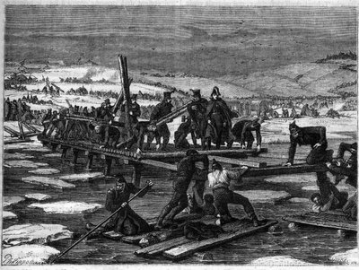معركة بيريزينا ، من 26 إلى 29 نوفمبر 1812 ، هزيمة كارثية لنابليون أثناء انسحابه من روسيا - الحملة الروسية ، التراجع: بناء جسرين فوق بيريزينا بواسطة خبراء مناجم الجسر في الجيش العظيم تحت مسؤولية جي. بواسطة المدرسة الفرنسية