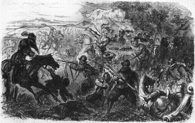 معركة كوتراس عام 1587 ، فاز بها هنري دي نافار ، هنري الرابع فيما بعد. في "" التاريخ الشعبي لفرنسا "" ، sd. حوالي عام 1885. نقش. بواسطة المدرسة الفرنسية