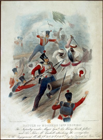 معركة مودكي ، 18 ديسمبر 1845 ، رقم 4 من الحرب في البنجاب ، نقشها دبليو كوهلر بعد لينفانت بروس ، نشر وليام سبونر ، c.1845 بواسطة المدرسة الفرنسية
