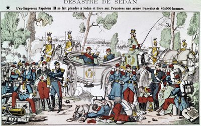 معركة سيدان في عام 1870. تم القبض على الإمبراطور السابق نابليون الثالث في سيدان وسلم للبروسيين جيشًا فرنسيًا قوامه 80.000 رجل ، صورة العمود الفقري. بواسطة المدرسة الفرنسية