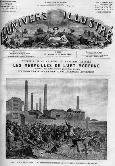 إضراب العمال البلجيكيين: الشرطة تحمّل الدراجين في كارنيريس. جريدة. نقش في "" Le Monde Illustré "" بواسطة المدرسة الفرنسية