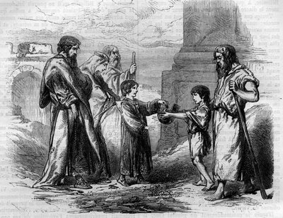 بليزير (آية ٥٠٠-٥٦٥) أعمى ويتوسل بأمر من جستنيان ، الذي أعطى له الذهب وأرض البيع. نقش في "Histoire des Papes-Rois-Queen و Empereurs a travers les years" بقلم موريس لاشاتر بواسطة المدرسة الفرنسية