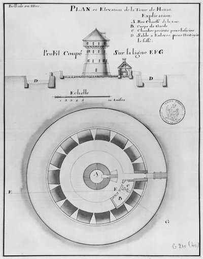 Belle Isle en Mer ، التخطيط والارتفاع لبرج حوات ، 1745 (قلم وحبر و w: c على ورق) بواسطة المدرسة الفرنسية