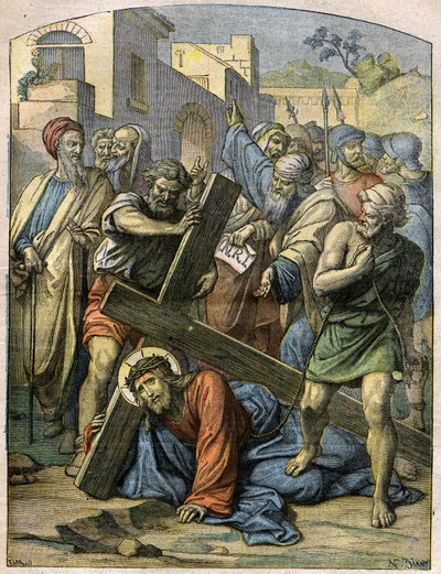 Bible Scene - Way of the Cross: Jesus falls a second time. Engraving in “” Le Pelerin”” of November 29 بواسطة المدرسة الفرنسية