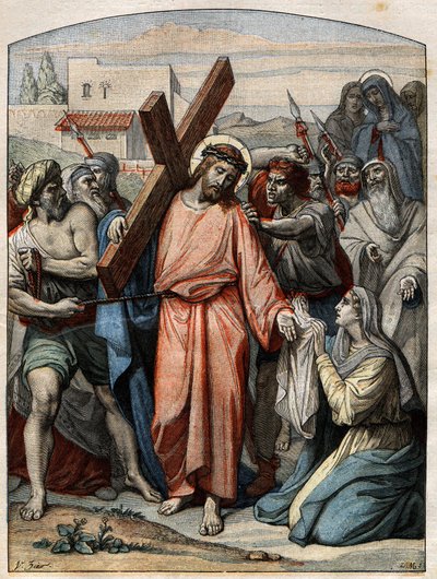 مشهد الكتاب المقدس - درب الصليب: تم مسح وجه يسوع بواسطة القديسة فيرونيكا. نقش في "" Le Pelerin "" في ٢٠ سبتمبر ١٨٩٦. بواسطة المدرسة الفرنسية