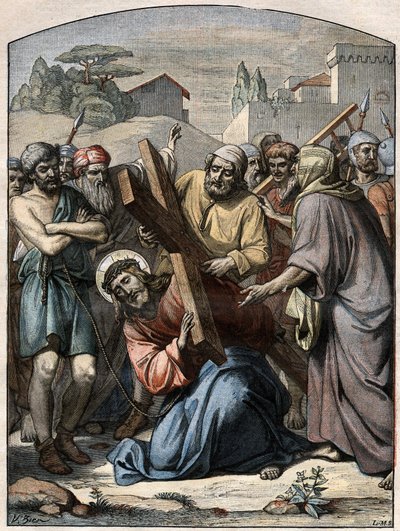 مشهد الكتاب المقدس - طريق الصليب: يسوع يساعد سمعان القيرواني (القيرواني). نقش في "" Le Pelerin "بتاريخ ١٣ سبتمبر ١٨٩٦. بواسطة المدرسة الفرنسية
