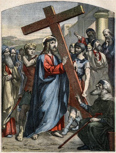 مشهد الكتاب المقدس - طريق الصليب: يسوع هو ثقل الصليب. نقش في "" Le Pelerin "في 3 مايو بواسطة المدرسة الفرنسية