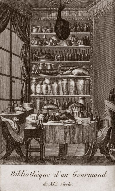 Bibliotheque d'un gourmand du القرن التاسع عشر - نقش في "Almanach des gourmands ، بمثابة دليل في طرق جعل العزيزة ممتازة. بواسطة أحد الهواة القدامى "" بقلم ألكسندر بالتازار لوران جريمود دي لا رينير - 1804-1812 بواسطة المدرسة الفرنسية