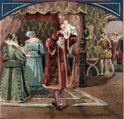 ولادة الملك هنري الرابع في 13/12/1553 في قصر دو باو جين الثالث ، المعروف باسم جين دي ألبريت (1528-1572) ، ولد الملك الشاب الذي عرضه على الزوار من قبل والده أنطوان دي بوربون (1518) -1562). الطباعة الحجرية الملونة في أواخر القرن التاسع عشر بواسطة المدرسة الفرنسية