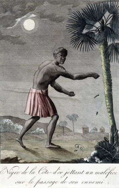 أسود كوت دور (غانا) يلقي باللعنة على مرور عدوه. 1811 بواسطة المدرسة الفرنسية