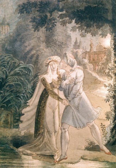 بلانكا وأبون هاميت في حدائق قصر الحمراء ، من "Le Dernier des Abencerages" من قبل فرانسوا رينيه (1768-1848) Vicomte de Chateaubriand (قلم وحبر ومرحاض على ورق) بواسطة المدرسة الفرنسية