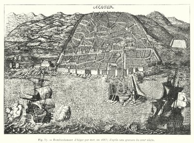 قصف الجزائر بالبحر عام 1683 ؛ من نقش من القرن السابع عشر (نقش) بواسطة المدرسة الفرنسية
