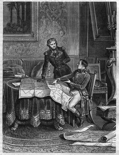 بونابرت (1769-1821) يشير إلى الجنرال جان جوزيف ديسول (جان جوزيف ديسولز) (1767-1828) خطة حملة لجيش نهر الراين ، مارس 1800 - نقش عام 1865 في "تاريخ القنصلية et de l'Empire" بقلم لويس أدولف تيير - بونابرت (١ بواسطة المدرسة الفرنسية