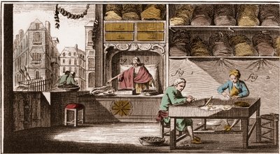 Bouchonnier ، تصنيع سدادات الفلين - "" La Grande Encyclopedie، ou Dictionnaire Raisonne des Sciences، des Arts et des Metiers "(موسوعة أو قاموس العلوم والفنون والمهن) بقلم دينيس ديدرو (1713-1784) وجان دالمبيرت (1717 بواسطة المدرسة الفرنسية
