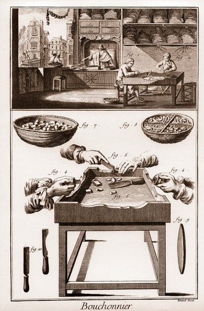 Bouchonnier ، صناعة سدادات الفلين - "" La Grande Encyclopedie، ou Dictionnaire Raisonne des Sciences، des Arts et des Metiers "(موسوعة أو قاموس العلوم والفنون والمهن) بقلم دينيس ديدرو (1713-1784) وجان دالمبيرت (1717 بواسطة المدرسة الفرنسية