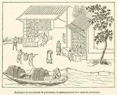 Boutiques de marchands de porcelaine, et embarquement des vases de porcelaine (engraving) بواسطة المدرسة الفرنسية
