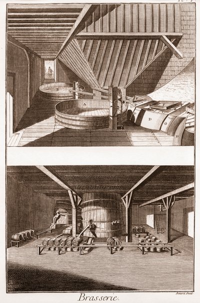 براسيري - ورشة عمل البيرة وقمعها - "الموسوعة الكبرى ، ou Dictionnaire Raisonne des Sciences، des Arts et des Metiers" (موسوعة أو قاموس العلوم والفنون والمهن) بقلم دينيس ديدرو (1713-1784) وجان دي أليمبرت بواسطة المدرسة الفرنسية