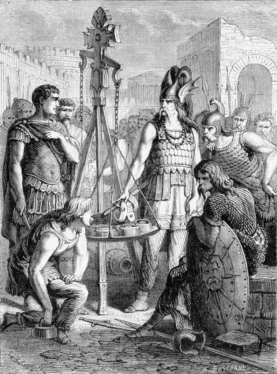Brennus putting his sword in the balance - in “Paris through the centuries”” بواسطة المدرسة الفرنسية