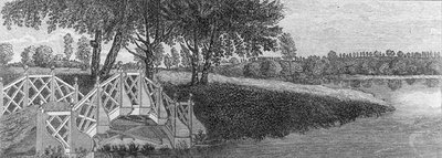 جسر في الحديقة في وندسور ، من Jardins Anglo-Chinois a la Mode ، بقلم جورج لويس لو روج ، نُشر 1775-78 (نقش) (صورة بالأبيض والأسود) بواسطة المدرسة الفرنسية
