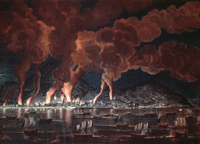 حرق بلدة Cap-Francais ، Saint-Domingue (هايتي) ، 1795 (نقش الألوان) بواسطة المدرسة الفرنسية
