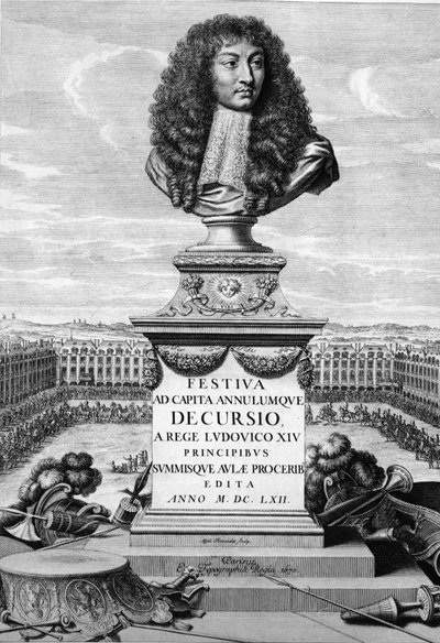 تمثال نصفي للملك لويس الرابع عشر الكبير (1638-1715) - في "" Festiva ad Capita Cancellumque Decursio، A Rege Ludovico XIV ... ""، C. Perrault، Paris Imprimerie Royale بواسطة المدرسة الفرنسية