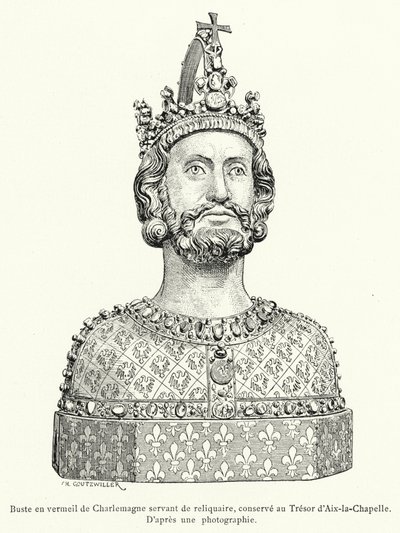 تمثال نصفي من فيرميل لشارلمان يعمل كمذخر ، محفوظ في Tresor d'Aix-la-Chapelle (نقش) بواسطة المدرسة الفرنسية