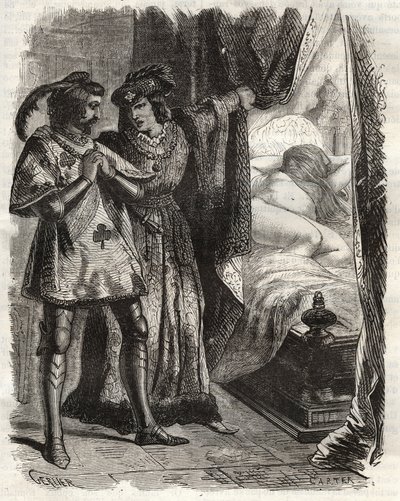 برفع الباب ، أظهر للزوج زوجته مستلقية عارية. لويس الأول من فالوا دوق أورليانز (1372-1407) ، جعل راؤول دوكيتونفيل يعتقد أن مومسًا تنتظره في السرير. إنها في الواقع زوجة الأخير ، يولاند (المعروفة باسم مارييت) دينغين ، بواسطة المدرسة الفرنسية