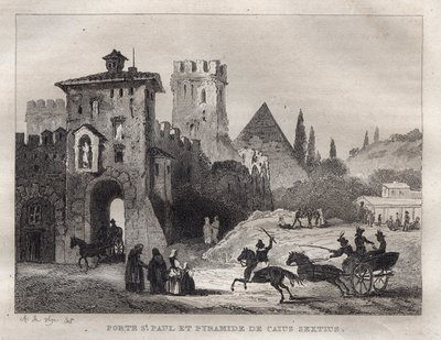 هرم كايوس سيستوس وبوابة القديس بولس في روما Porte Saint Paul وهرم Caius Sextus a Rome - نقش من "" إيطاليا الخلابة "" - رسم تاريخي ووصفي لإيطاليا "" بقلم M. de Norvins ، الفصل. نودير 1834-1836. بواسطة المدرسة الفرنسية