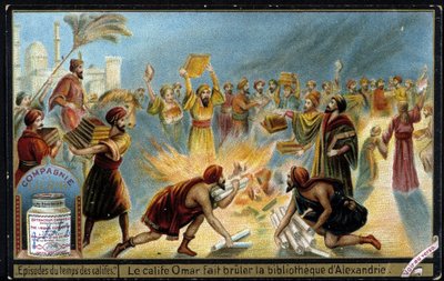 Caliph Omar burns the library of Alexandria - Liébig advertising vignette بواسطة المدرسة الفرنسية