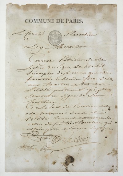 مكالمة من Maximilien de Robespierre (1758-94) للانضمام إلى الكومونة ، 9 Thermidor An 2 (27 يوليو 1794) (قلم وحبر على ورق) بواسطة المدرسة الفرنسية
