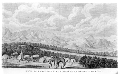 كامب الزرافة على ضفاف نهر أورانج ، من المجلد 2 من Second Voyage dans linterieur de lAfrique بقلم فرانسوا لو فايلانت (1753-1824) تم نشره عام 1796 بواسطة المدرسة الفرنسية